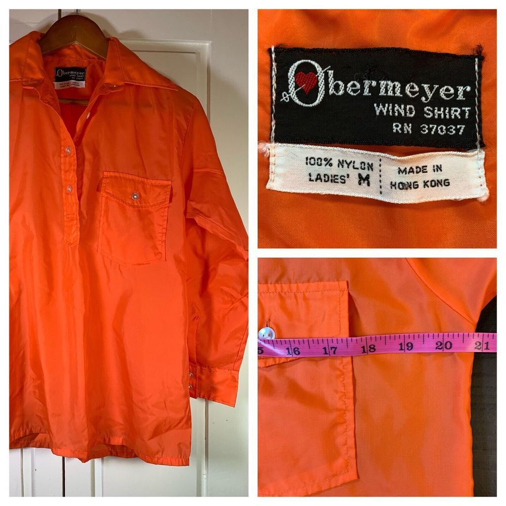 Obermeyer Nylon Wind Shirt Womens Medium Orange High Visibility Crew VTG Vintage
